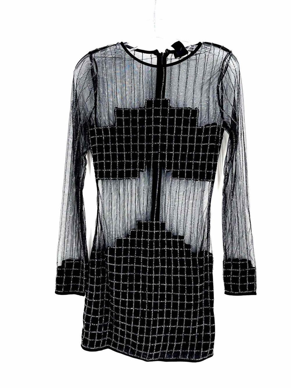H:Ours Size S Black Embellished Grid Designer Dress
